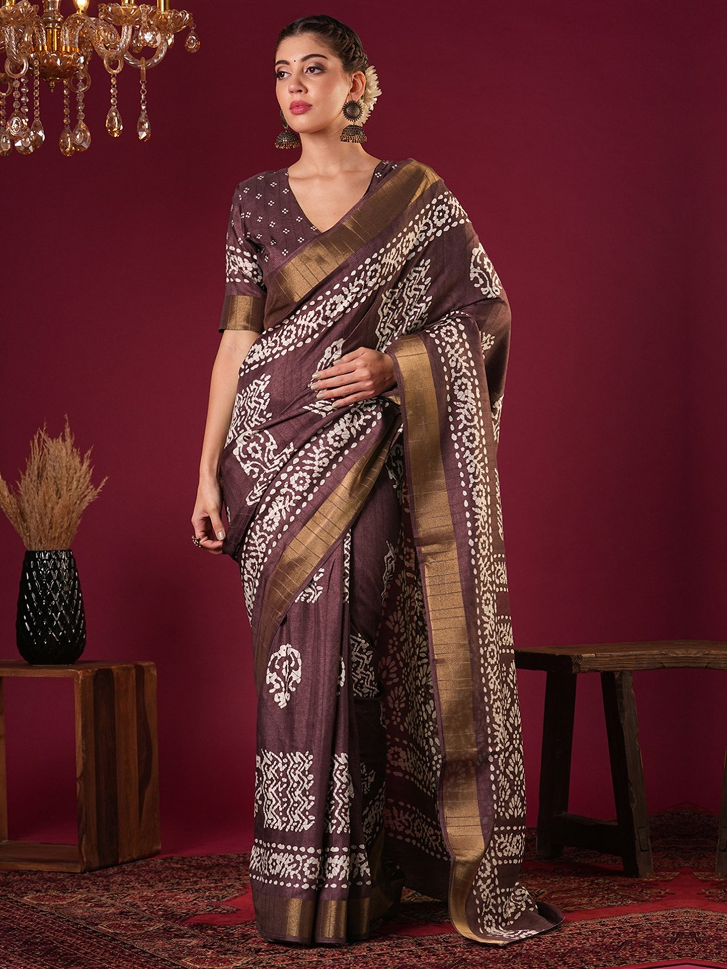 Purple Burgundy Sungudi Silk Blend Printed Saree