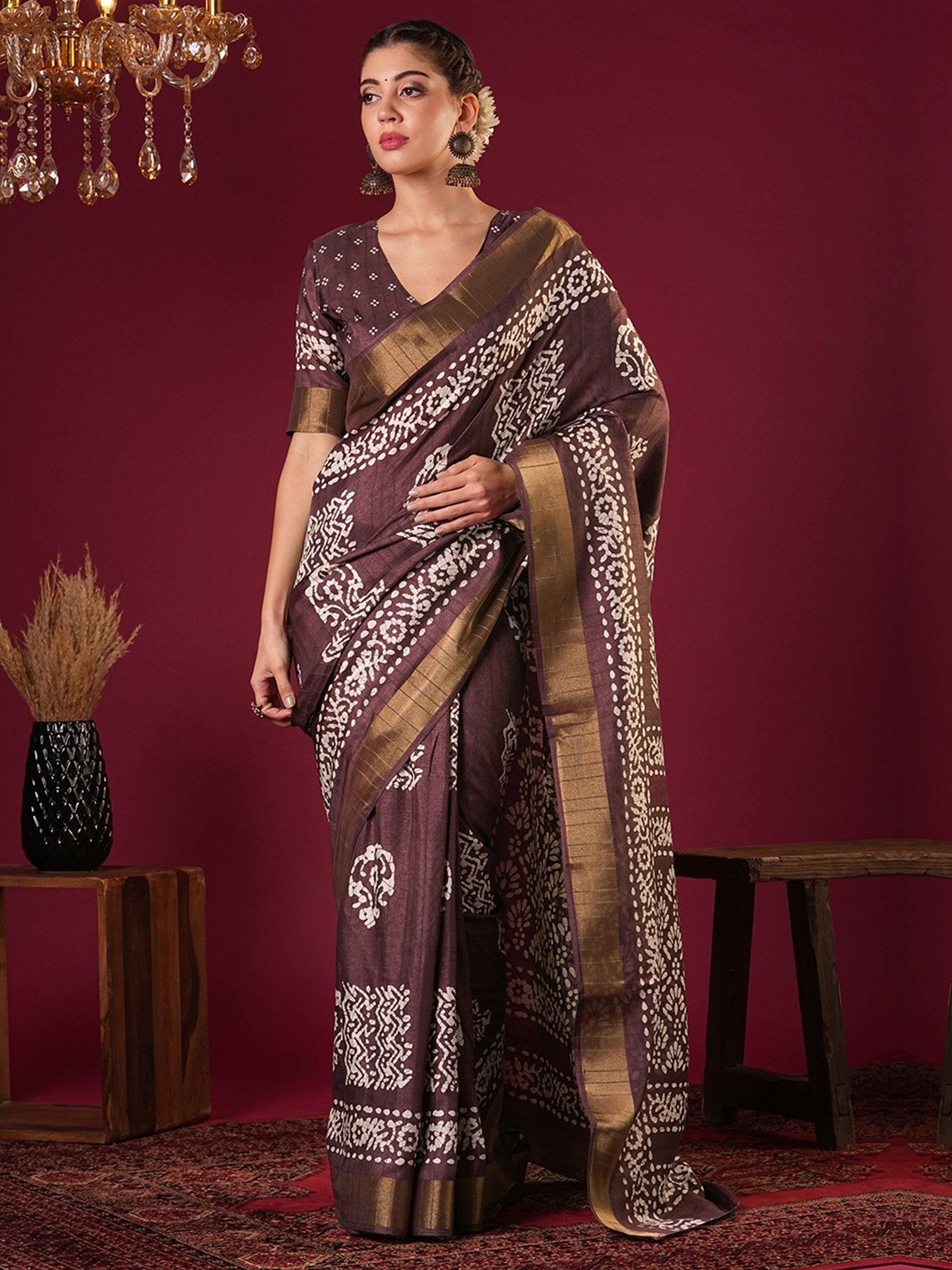 Purple Burgundy Sungudi Silk Blend Printed Saree