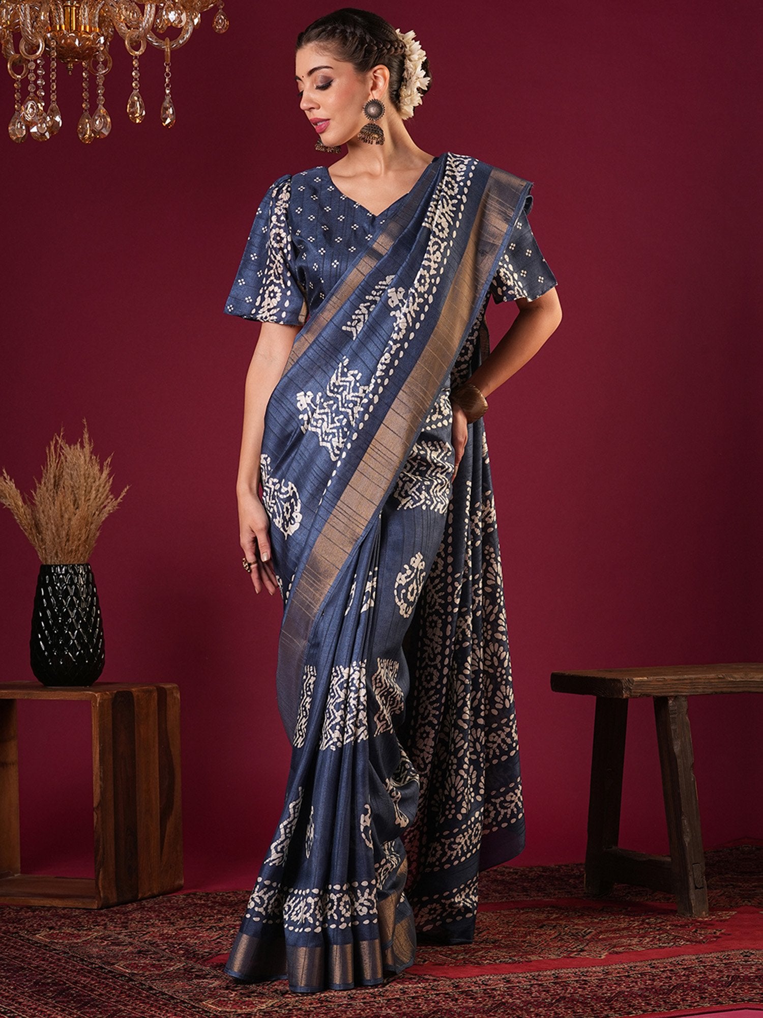 Blue Teal Sungudi Silk Blend Printed Saree