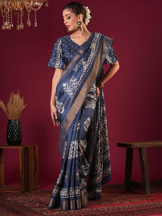 Blue Teal Sungudi Silk Blend Printed Saree