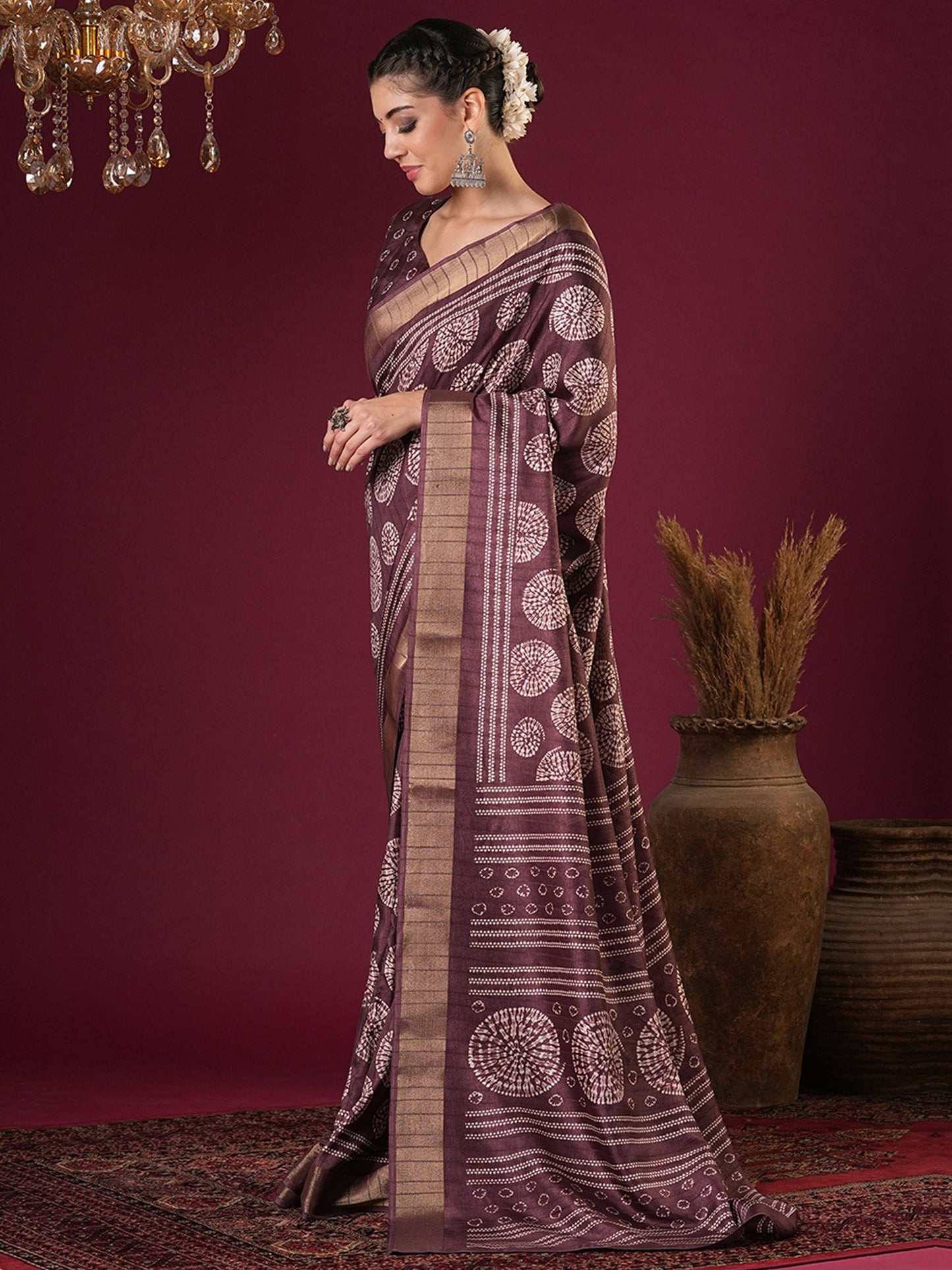 Burgundy Sungudi Silk Blend Printed Saree