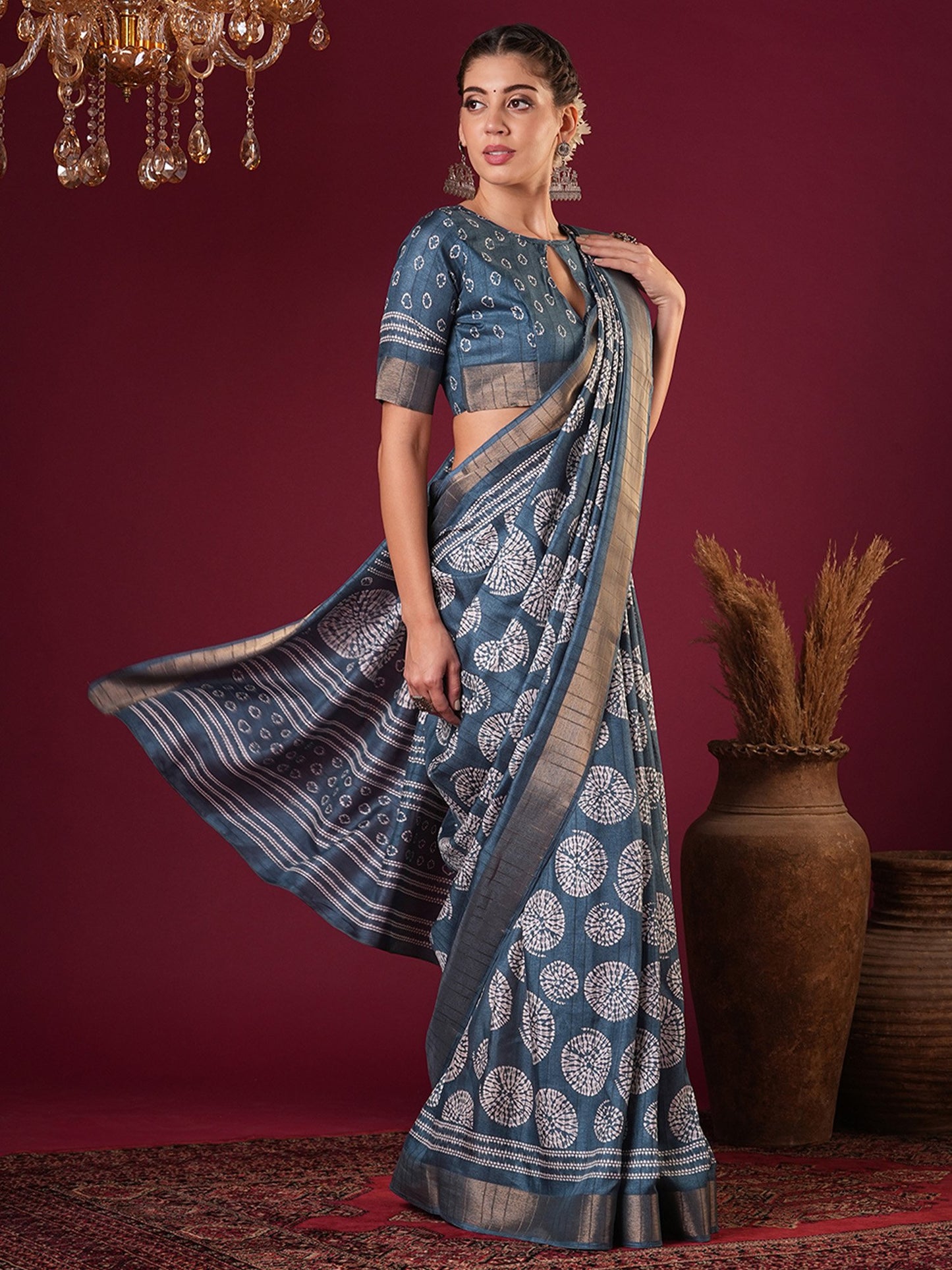 Blue Sungudi Silk Blend Printed Saree