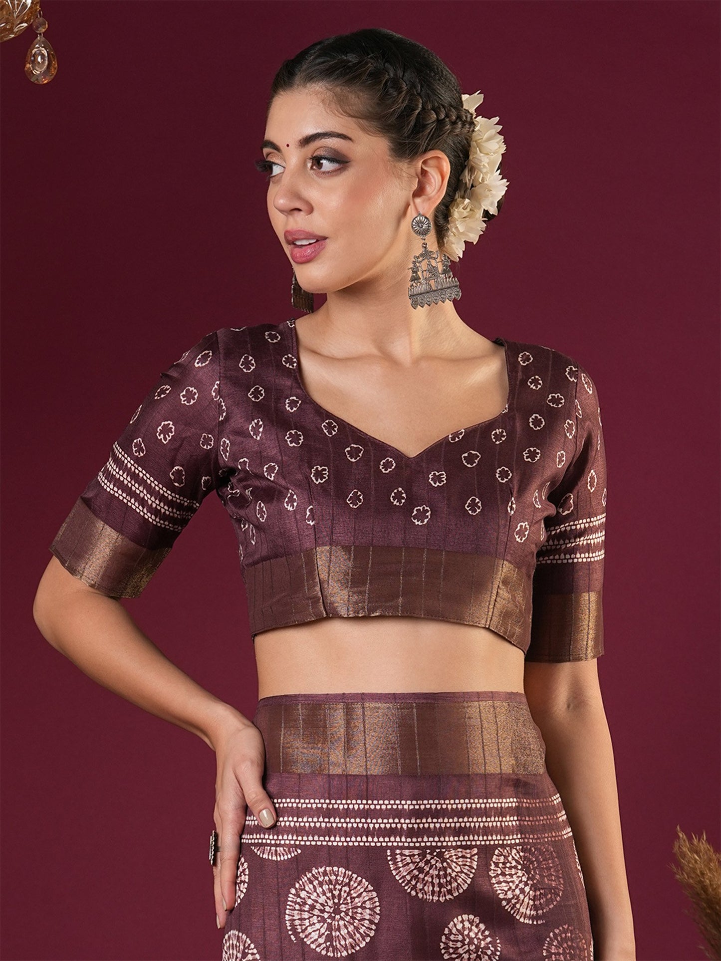 Burgundy Sungudi Silk Blend Printed Saree