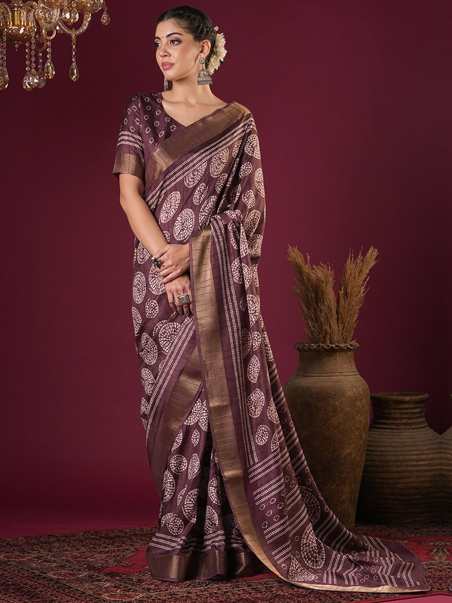 Purple Burgundy Sungudi Silk Blend Printed Saree