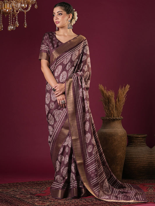 Purple Burgundy Sungudi Silk Blend Printed Saree