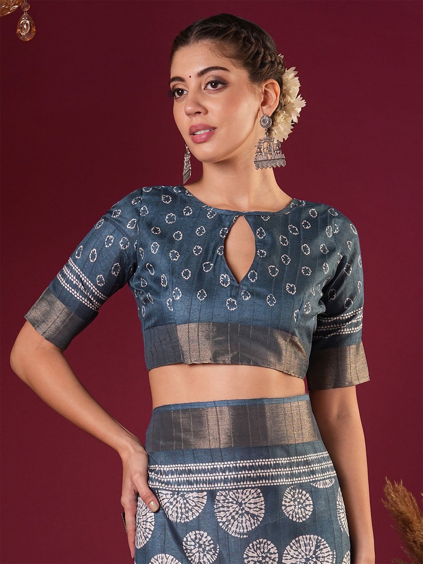Blue Sungudi Silk Blend Printed Saree