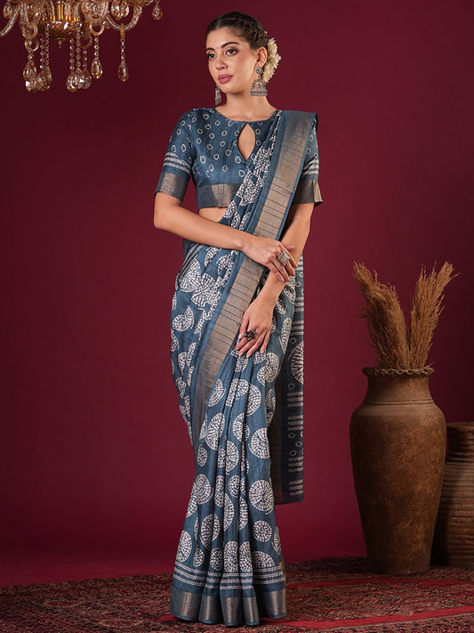 Blue Blue Sungudi Silk Blend Printed Saree