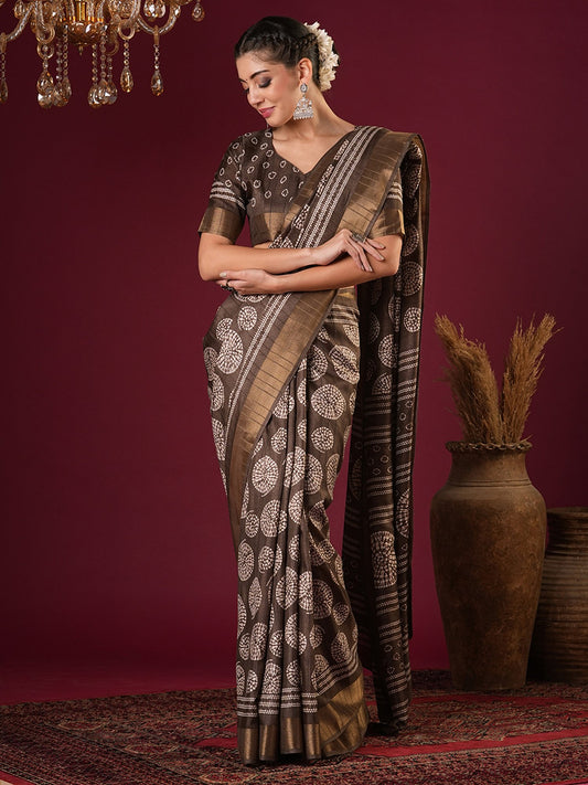 Brown Coffee Sungudi Silk Blend Printed Saree