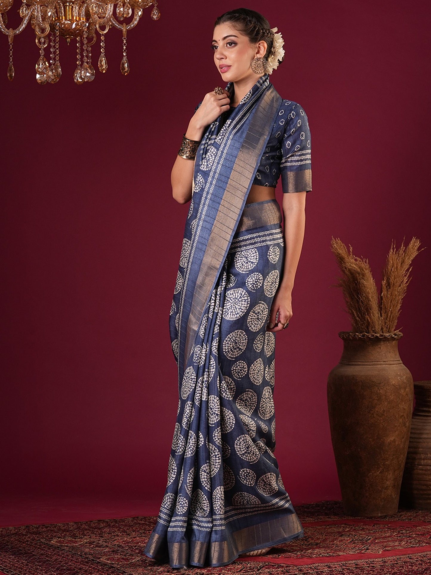 Blue Sungudi Silk Blend Printed Saree