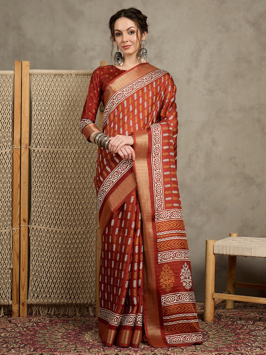Orange Rust Sungudi Silk Blend Printed Saree