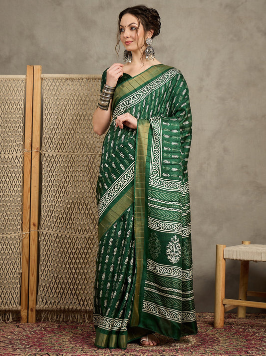 Green Green Sungudi Silk Blend Printed Saree