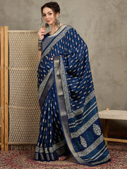 Navy Sungudi Silk Blend Printed Saree - The Dori Store