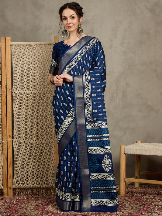 Blue Navy Sungudi Silk Blend Printed Saree