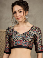 Black Block Print Pure Crepe Printed Saree - The Dori Store