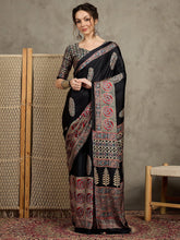 Black Block Print Pure Crepe Printed Saree - The Dori Store