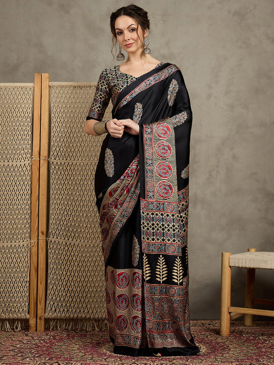 Black Black Block Print Pure Crepe Printed Saree