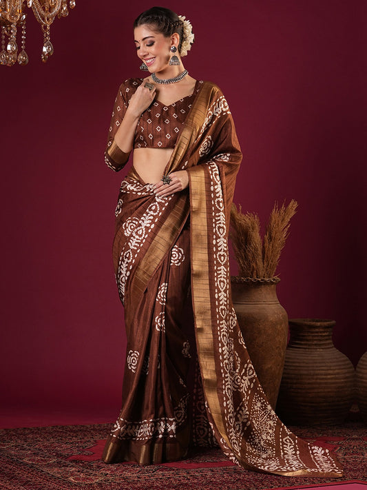 Brown Coffee Sungudi Silk Blend Printed Saree