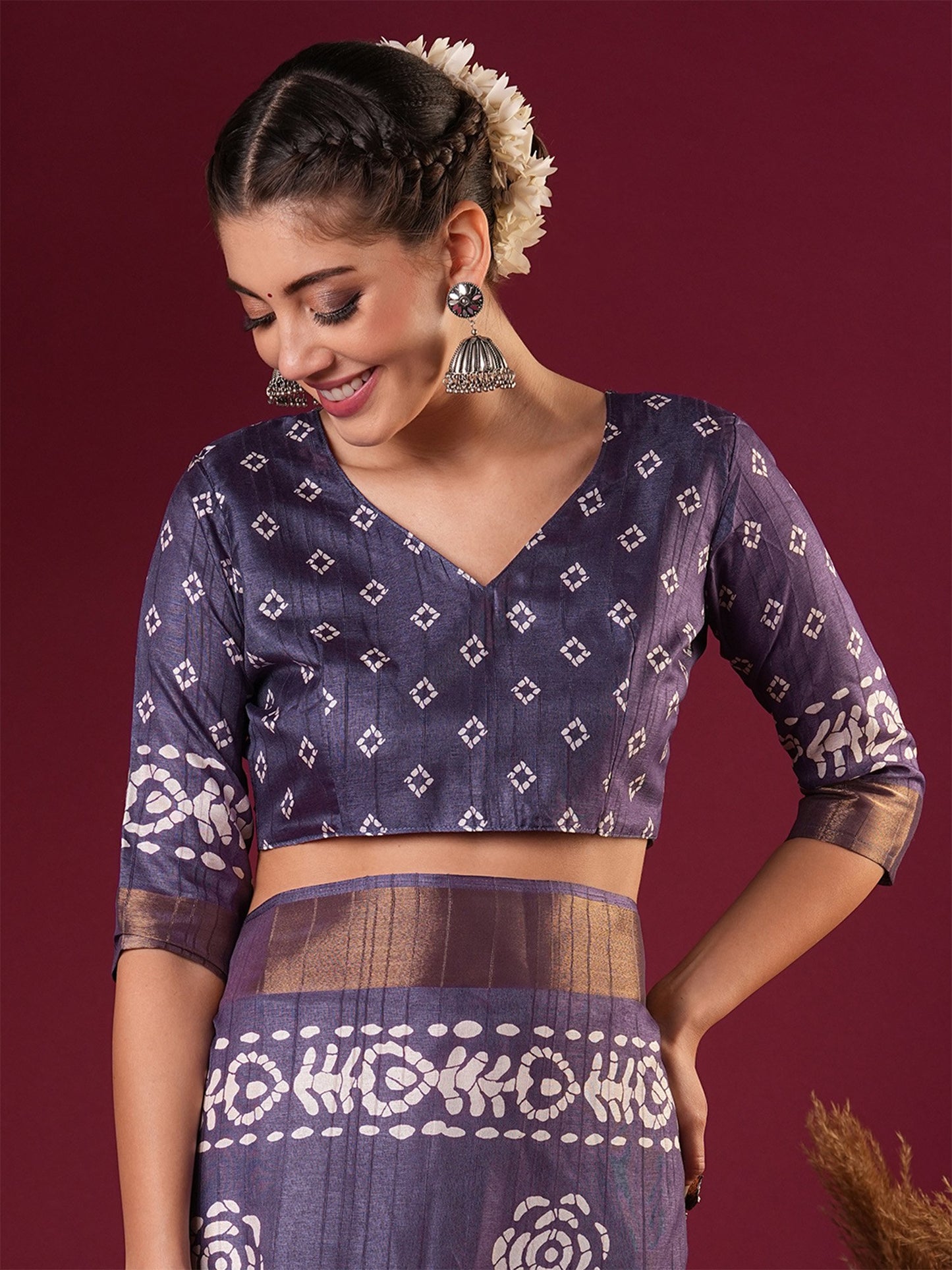 Violet Sungudi Silk Blend Printed Saree