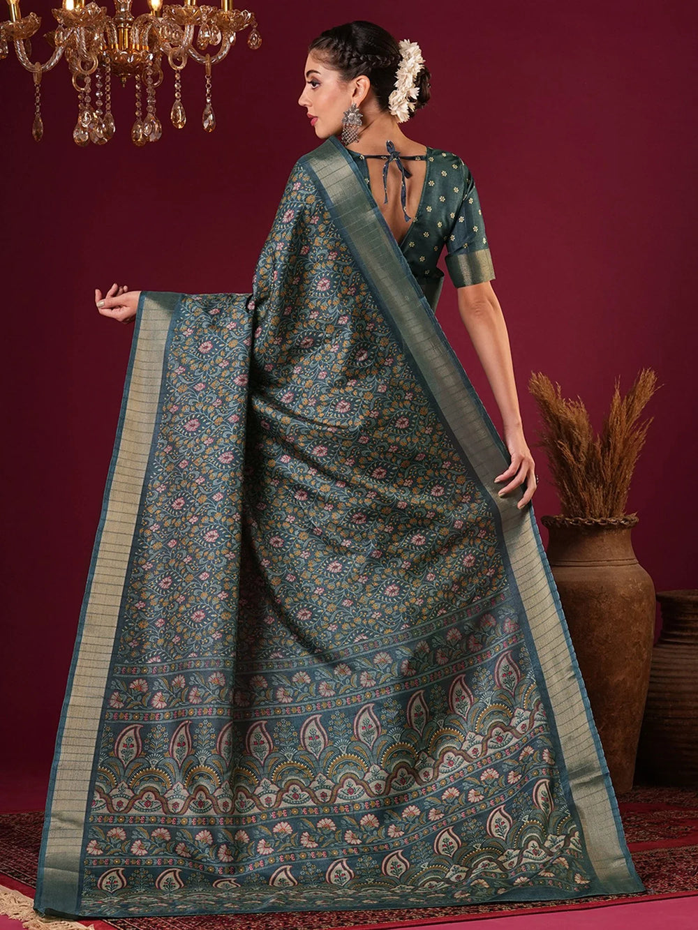 Teal Sungudi Silk Blend Printed Saree - The Dori Store