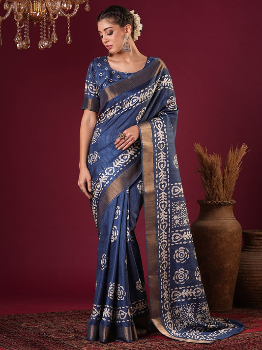 Blue Navy Sungudi Silk Blend Printed Saree