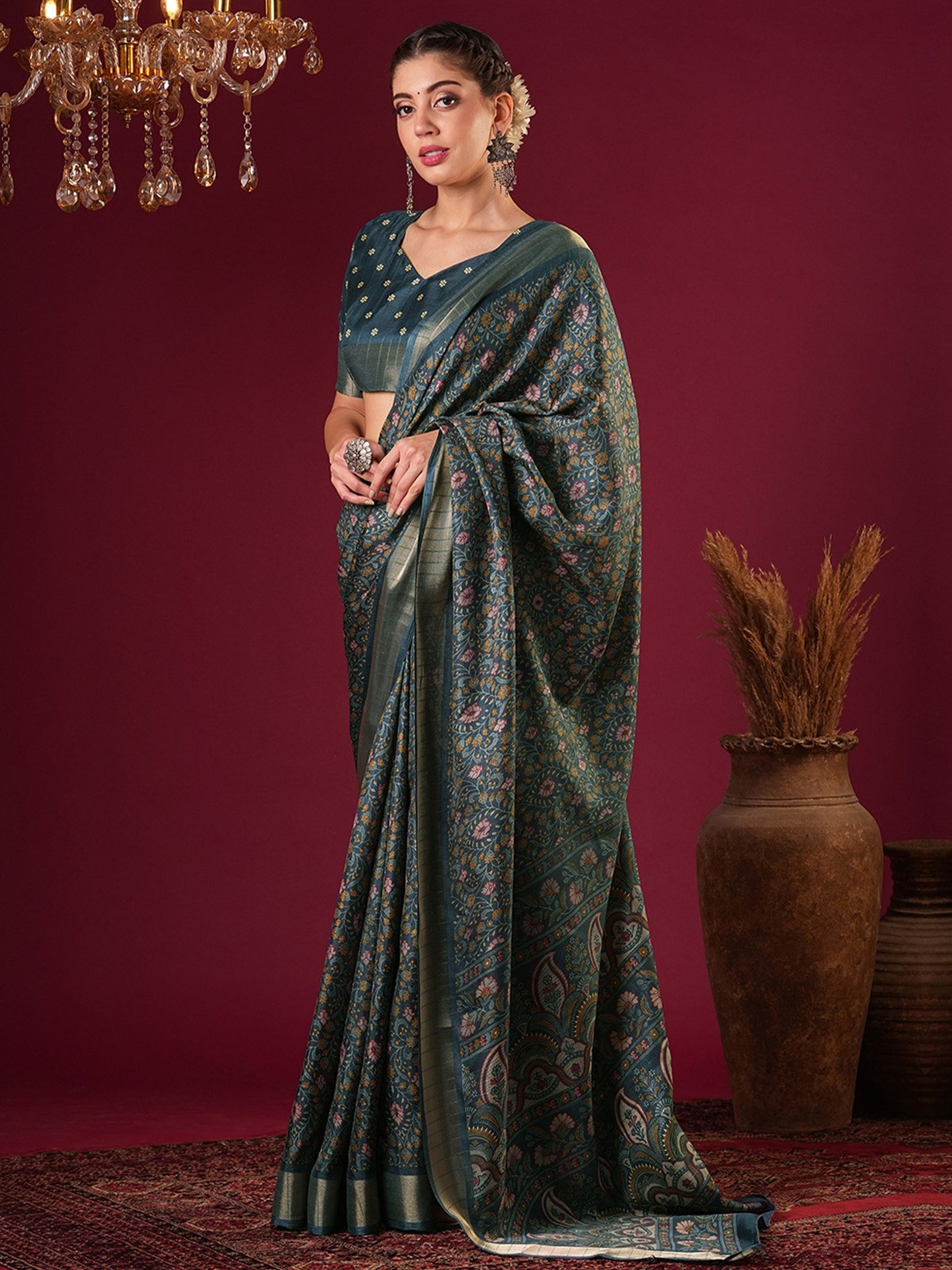 Teal Sungudi Silk Blend Printed Saree
