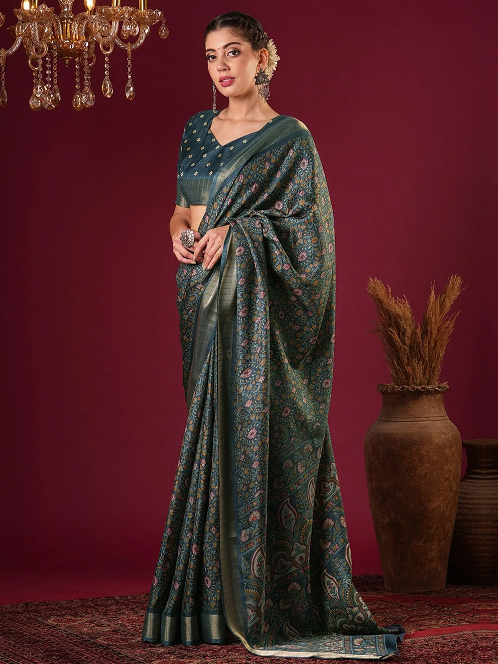 Teal Sungudi Silk Blend Printed Saree - The Dori Store