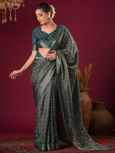 Teal Sungudi Silk Blend Printed Saree - The Dori Store