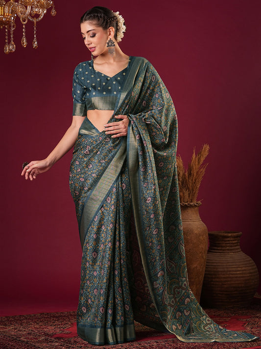 Blue Teal Sungudi Silk Blend Printed Saree