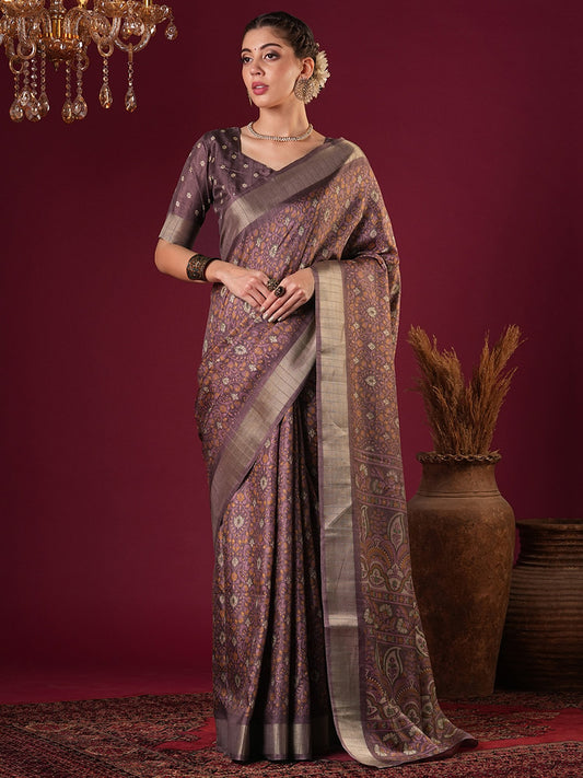 Purple Mauve Sungudi Silk Blend Printed Saree