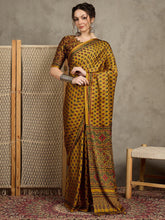 Mustard Block Print Pure Crepe Printed Saree - The Dori Store