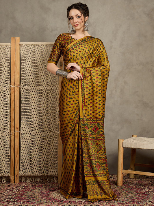 Yellow Mustard Block Print Pure Crepe Printed Saree
