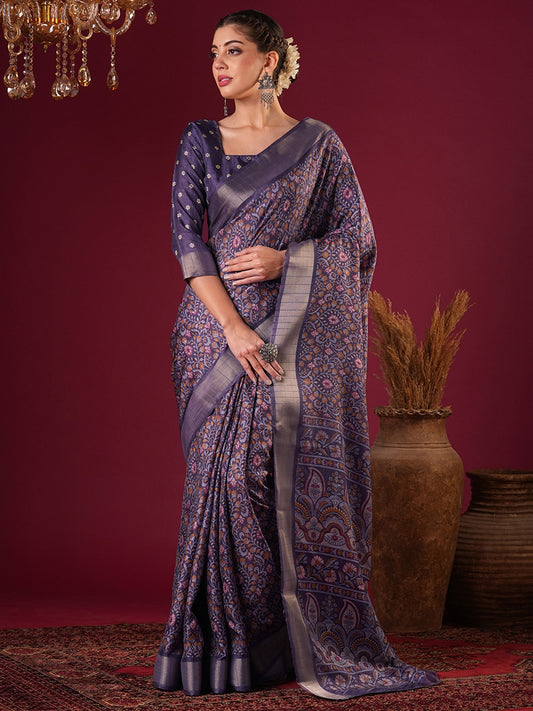 Purple Purple Sungudi Silk Blend Printed Saree