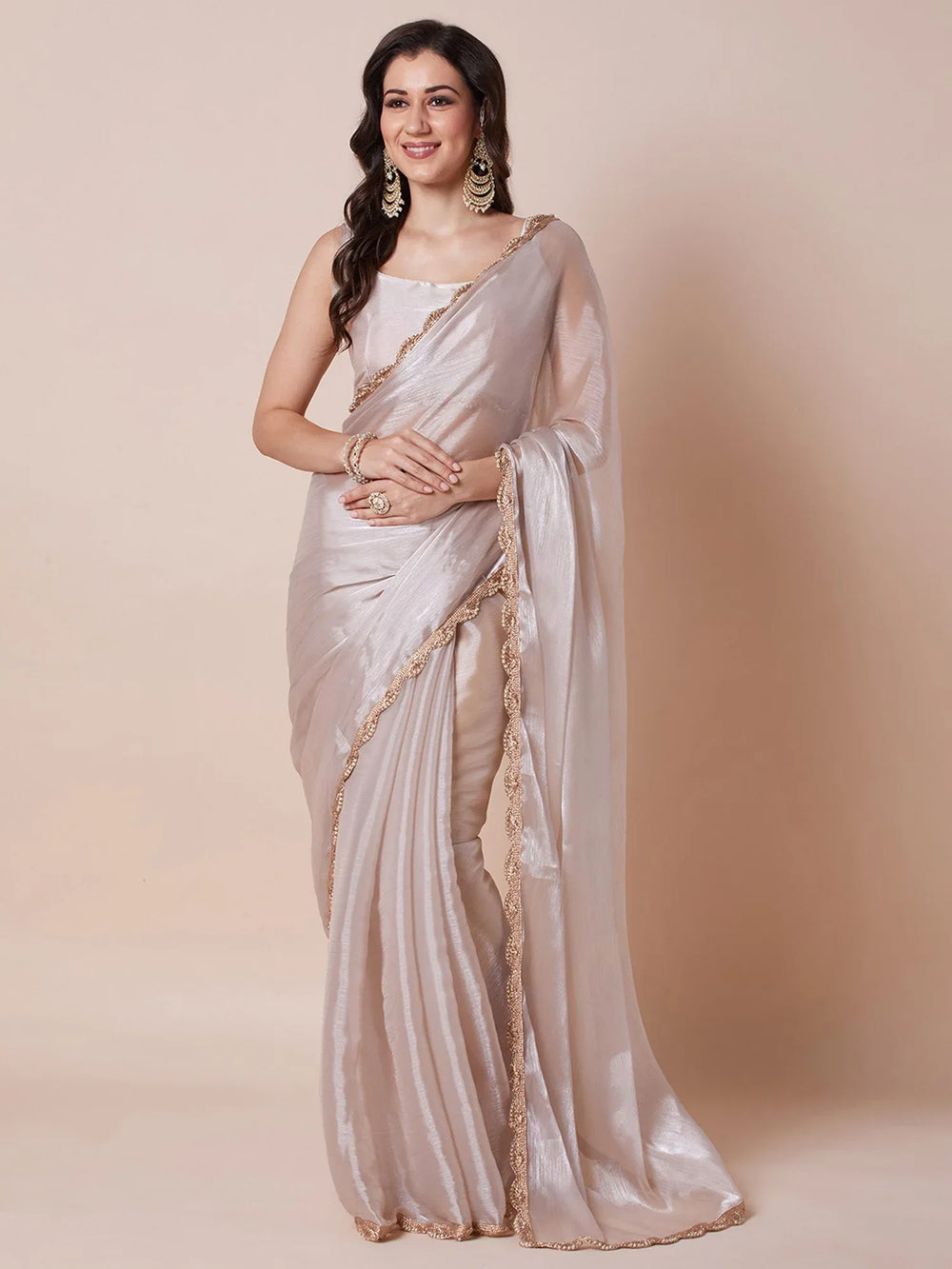 Cream Party Wear Organza Embellished Saree - The Dori Store