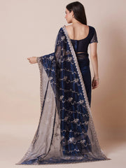 Navy Party Wear Net Embroidered Saree - The Dori Store