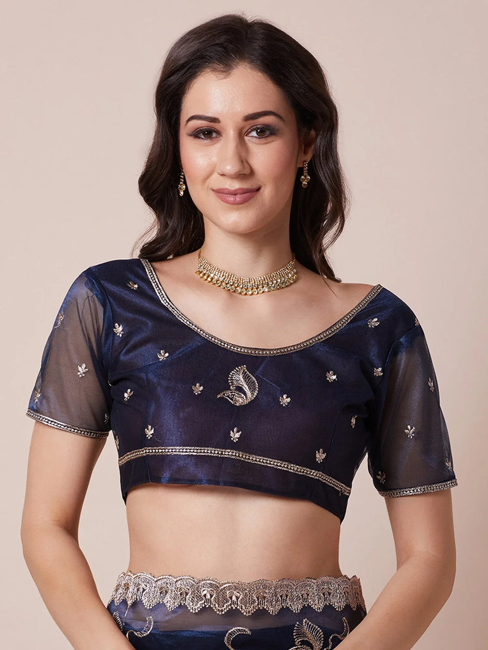 Navy Party Wear Net Embroidered Saree - The Dori Store