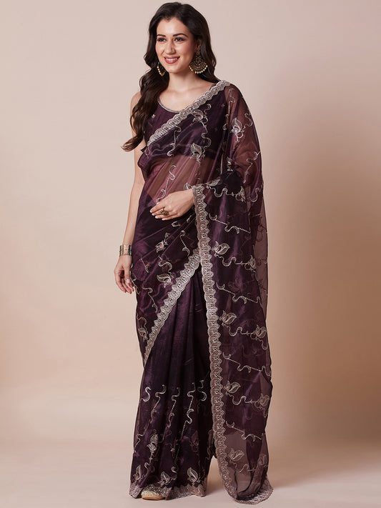 Purple Purple Party Wear Net Embroidered Saree