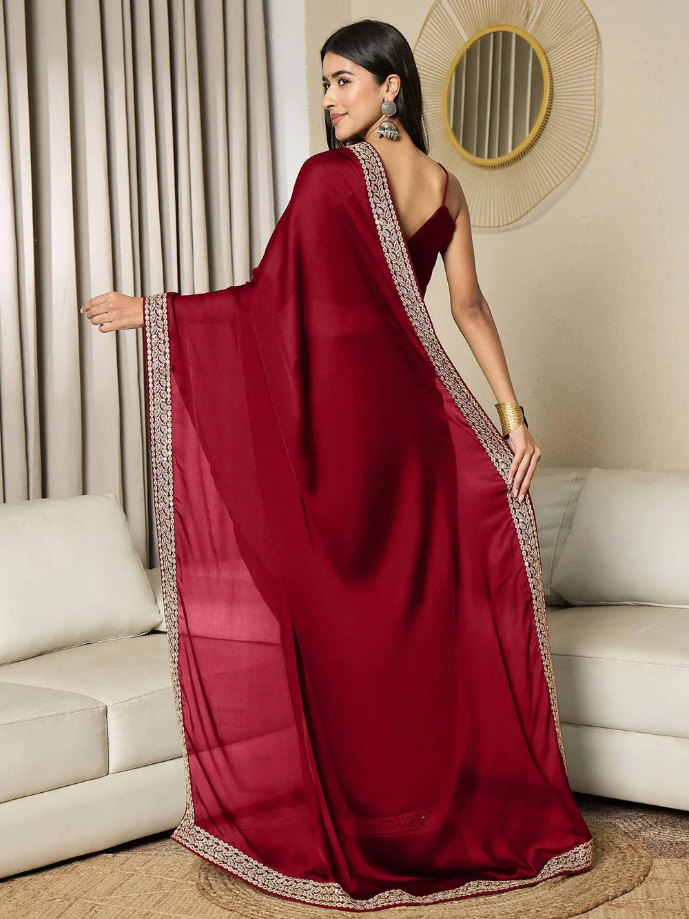Maroon Party Wear Satin Embellished Ready To Wear Saree - The Dori Store