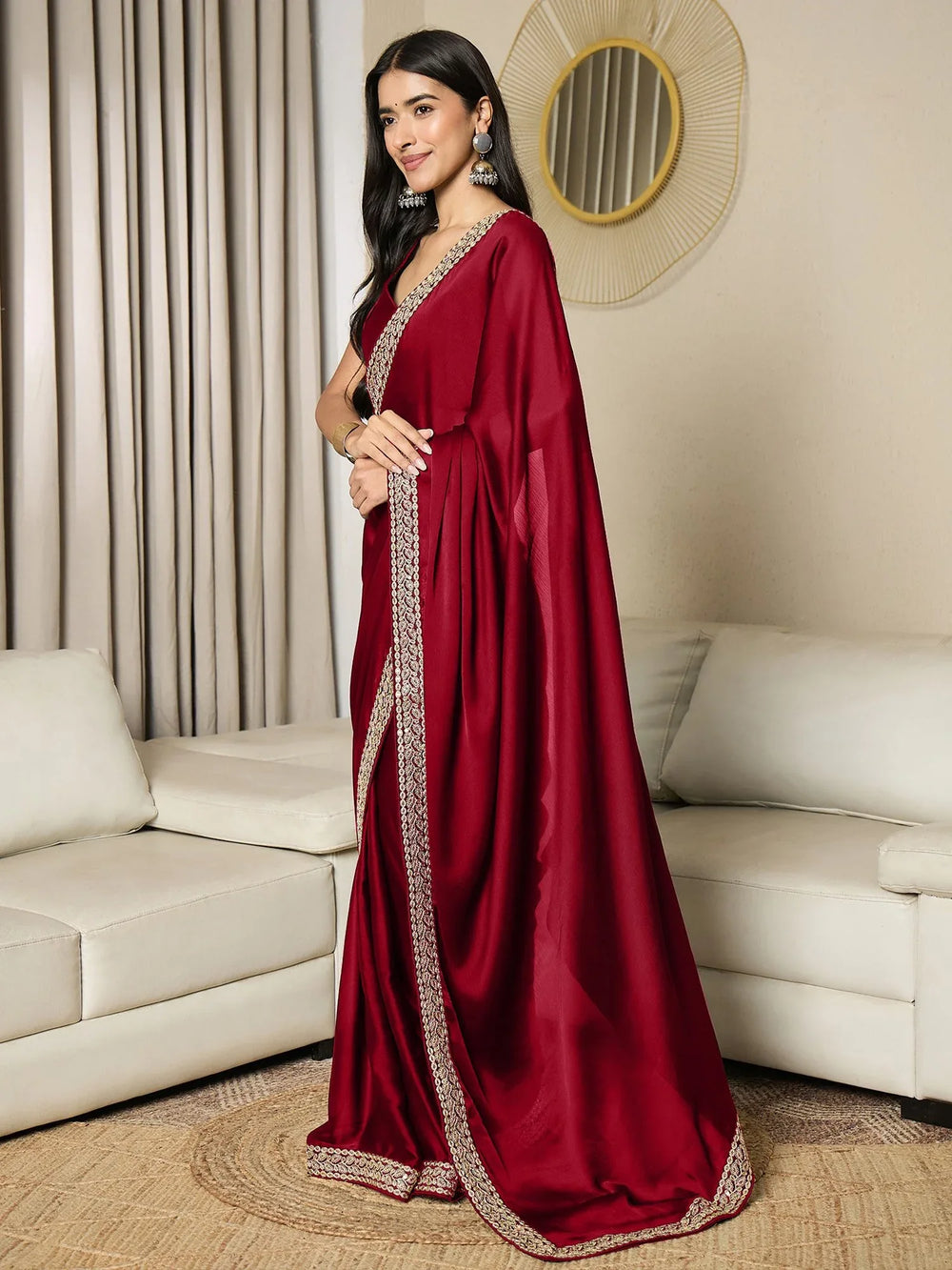 Maroon Party Wear Satin Embellished Ready To Wear Saree - The Dori Store