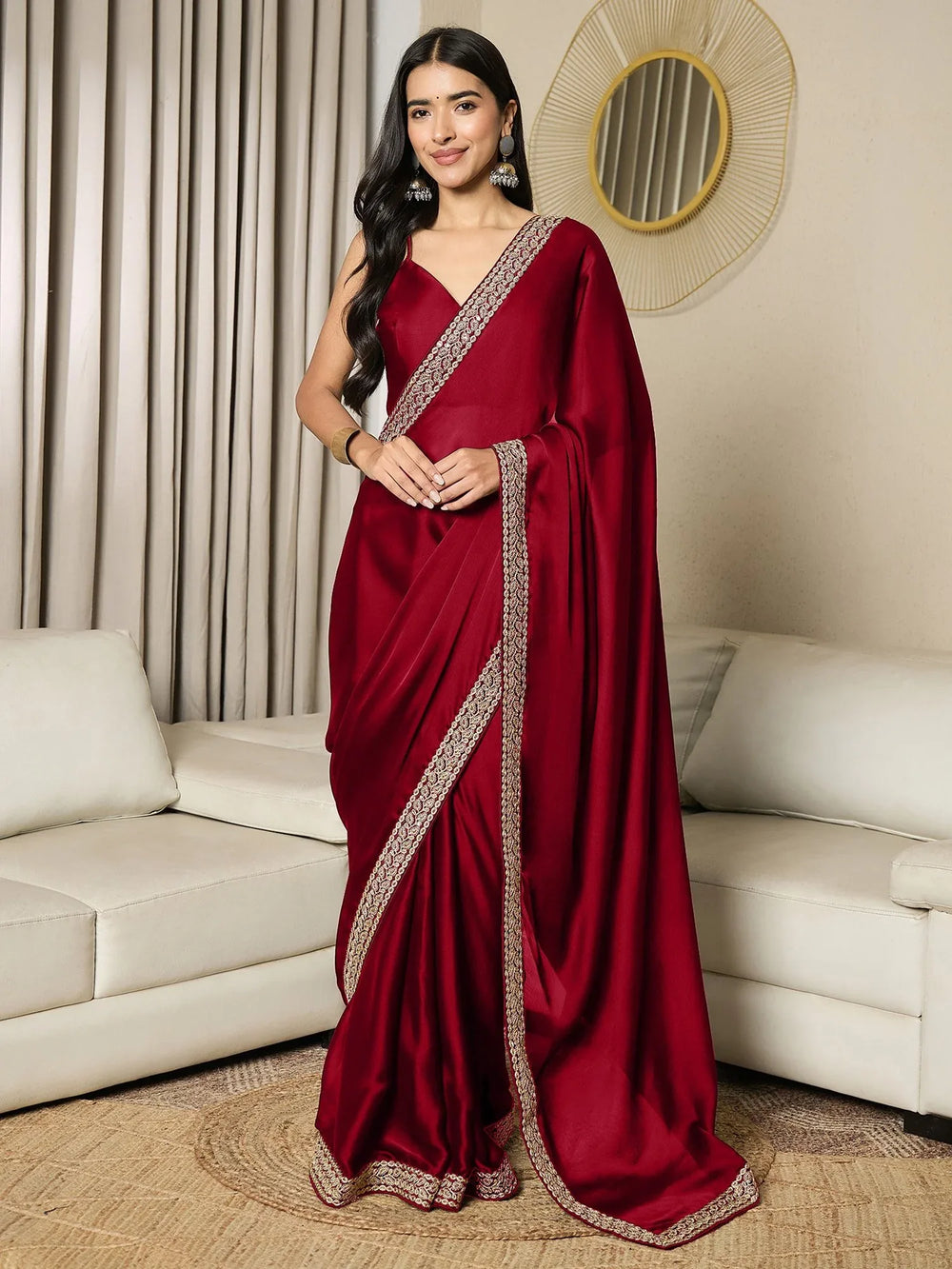 Maroon Party Wear Satin Embellished Ready To Wear Saree - The Dori Store