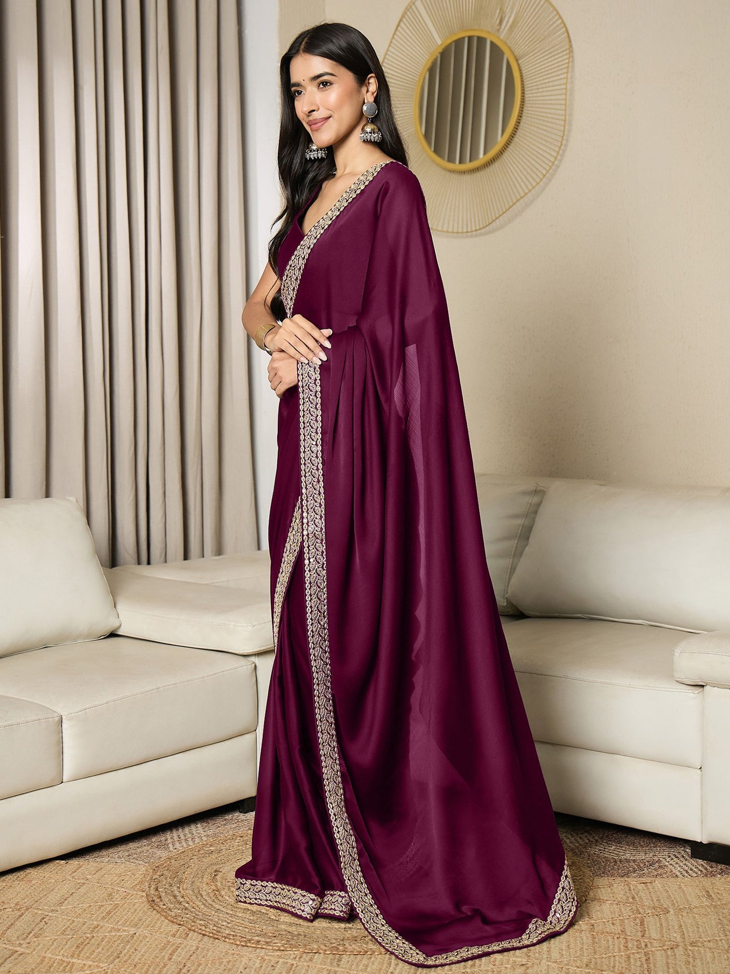 Magenta Party Wear Satin Embellished Ready To Wear Saree