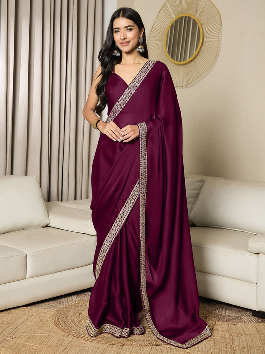 Purple Magenta Party Wear Satin Embellished Saree