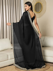 Black Party Wear Satin Embellished Ready To Wear Saree - The Dori Store