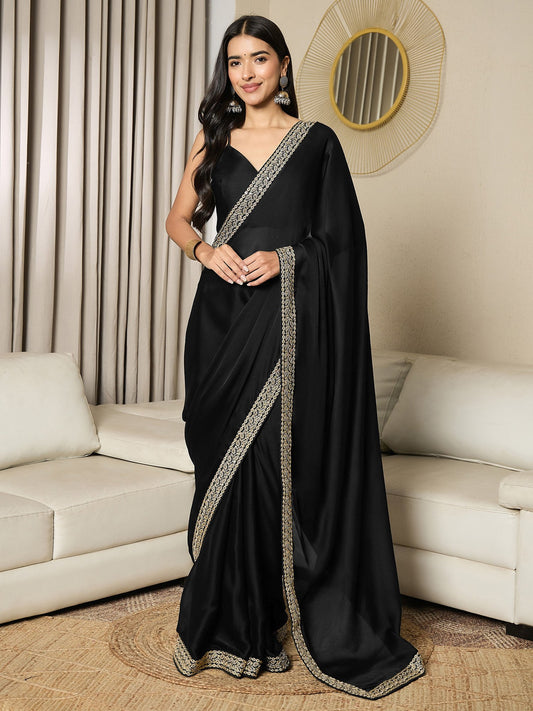 Black Black Party Wear Satin Embellished Saree
