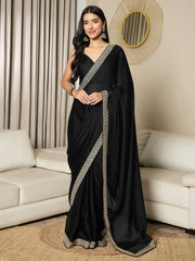 Black Party Wear Satin Embellished Ready To Wear Saree - The Dori Store