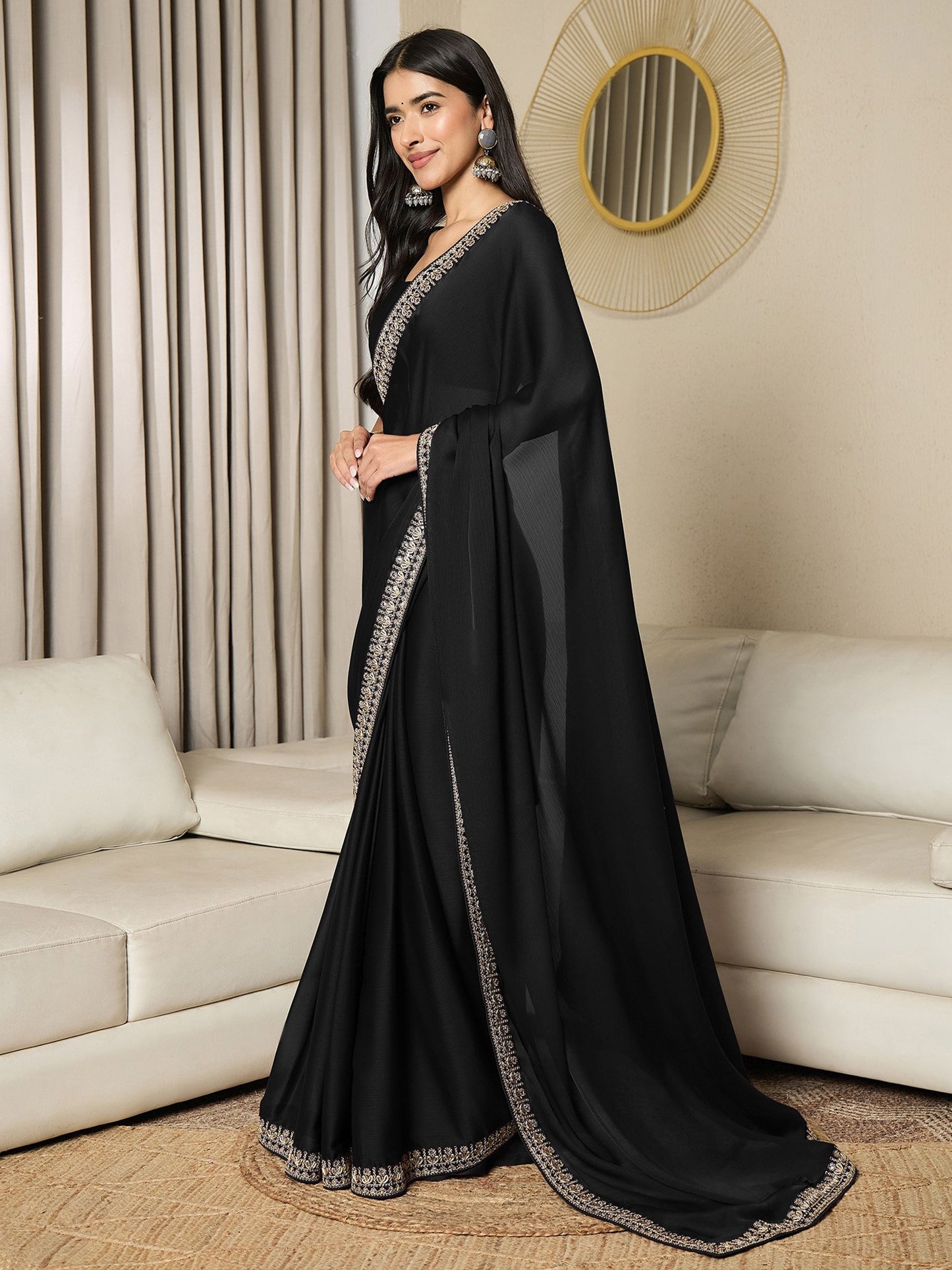 Black Party Wear Satin Embellished Ready To Wear Saree
