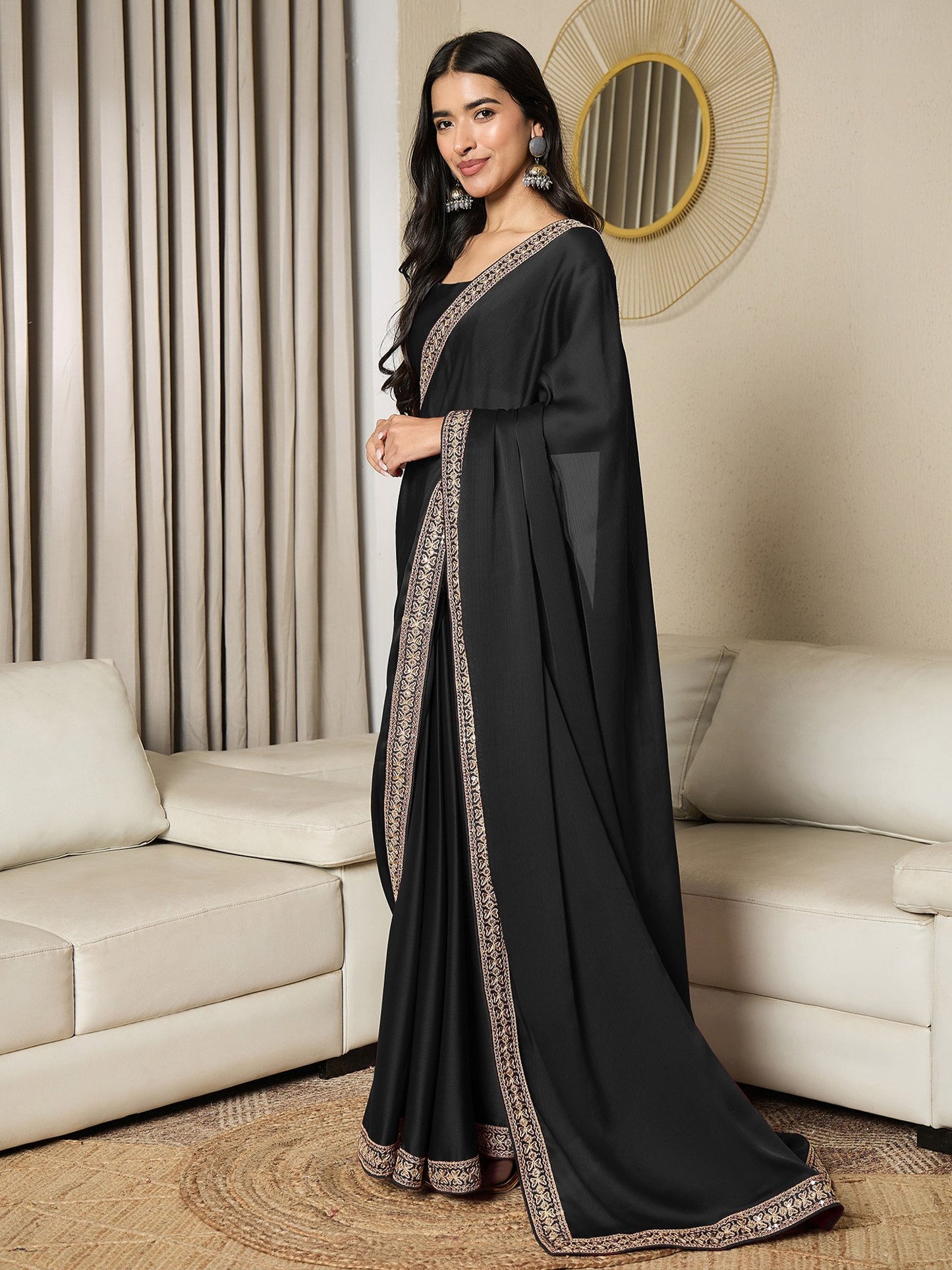 Black Party Wear Satin Embellished Ready To Wear Saree