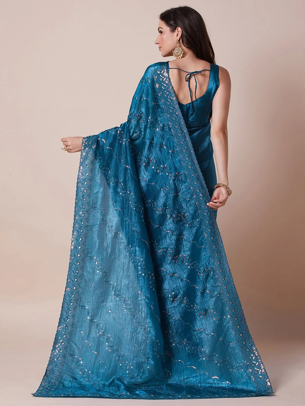 Teal Blue Party Wear Paper Silk Embellished Saree - The Dori Store