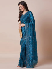 Teal Blue Party Wear Paper Silk Embellished Saree - The Dori Store