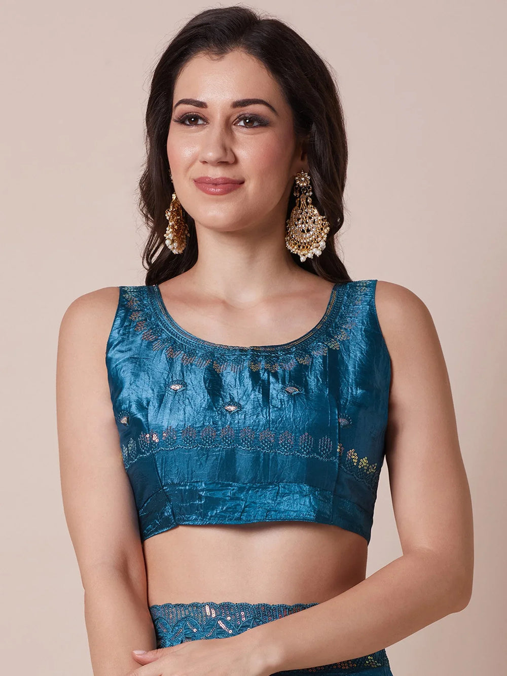 Teal Blue Party Wear Paper Silk Embellished Saree - The Dori Store