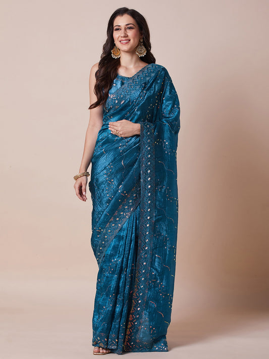 Blue Teal Party Wear Paper Silk Embellished Saree
